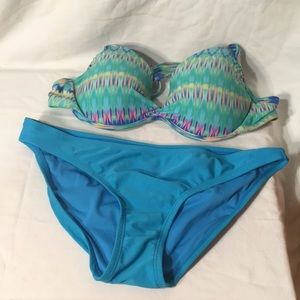 Multicolored bikini top with blue bottoms